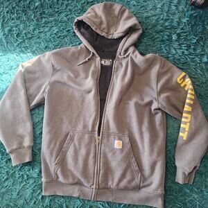 Carhartt Zip Hoodie Loose Fit Gray Workwear Sleeve Logo Fleece M